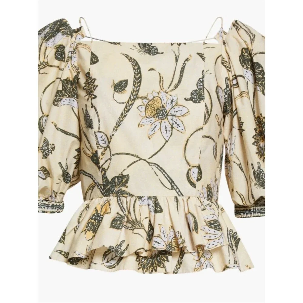 Ulla Johnson Carlotta Floral Cotton Peplum Top Puff Sleeve Lace Up Back Cottage